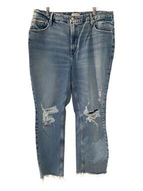 Good American Jeans Size 14-16 Slim Straight Blue Hig Rise Distressed Stretchy
